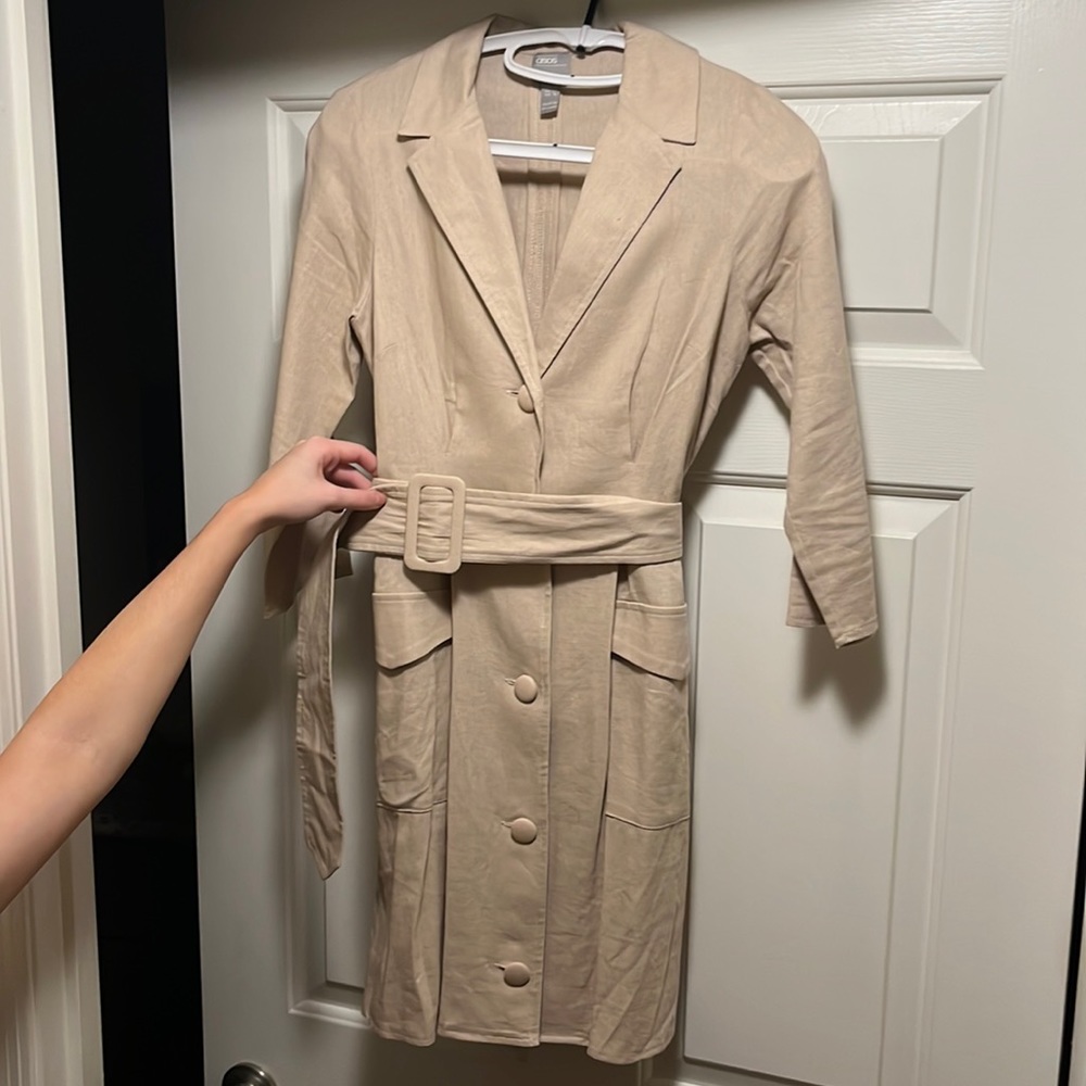 3 quarter sleeve linen canvas belted dress